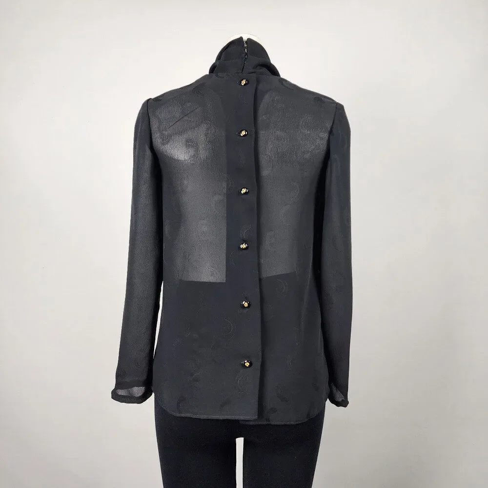 Vintage Black Sheer Neck Tie Back Buttoned Blouse Top Size S - Picture 5 of 9